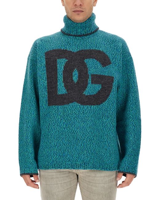 Dolce & Gabbana Blue Wool Blend High Neck Sweater for men