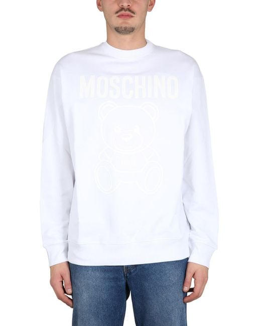 Moschino White Cross-Neck Sweatshirt With Playful Teddy Bear Graphic for men