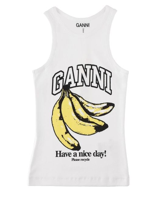 Ganni White Tank Top Con Stampa Banana