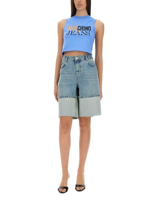 Top Cropped Con Logo di Moschino in Blue