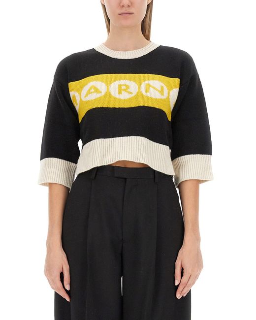Marni Black Cropped Jersey With Bold Logo