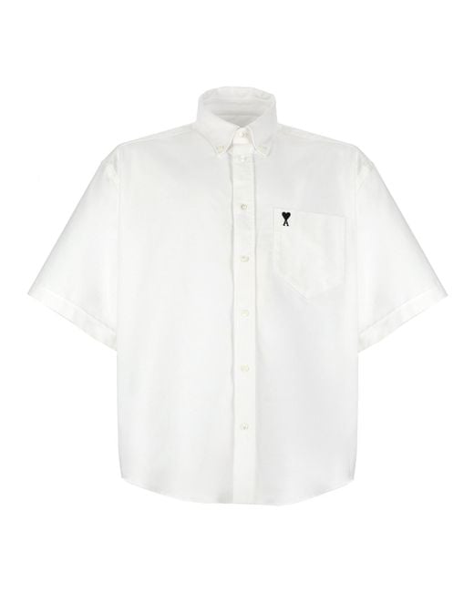 AMI White Camica Con Logo Ricamato for men