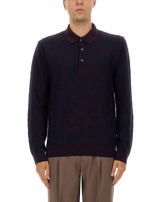 Etro Blue Long-Sleeve Polo Shirt for men