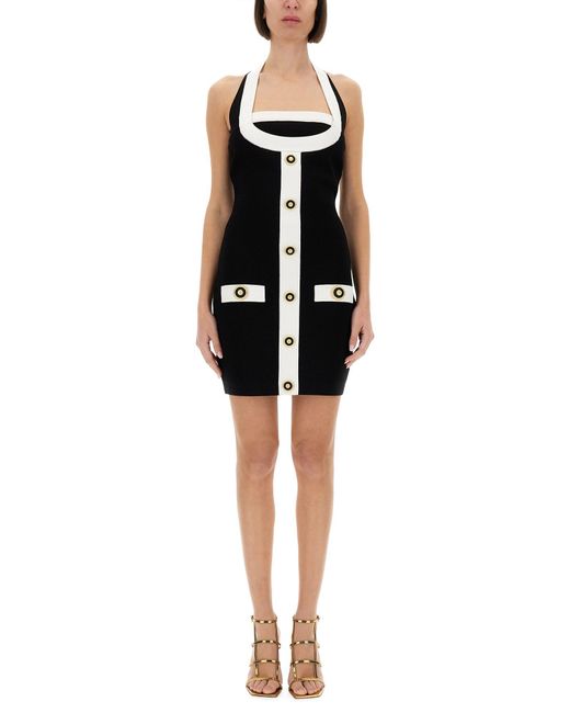ワンピース Balmain Two-Tone Dress With Open Back Balmain Two Tone Knitted Mini Dress in Black | Lyst