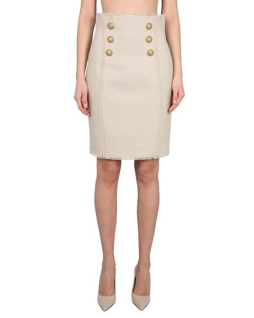 GONNA MIDI IN LINO CON BOTTONI GOFFRATI di Balmain in Natural