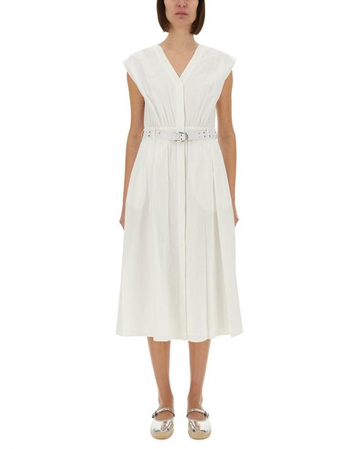 Michael Kors White V-Neck Midi Dress With Waist Belt