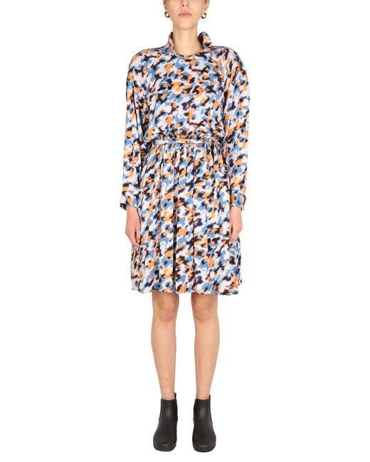 KENZO White Abstract Mock Collar Dress