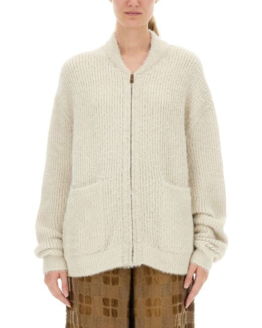 Uma Wang Natural Ribbed Knit Cardigan With Plush Texture And Zipper Closure