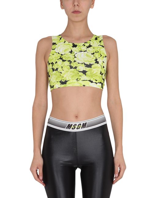 MSGM Green Floral Round Neck Top