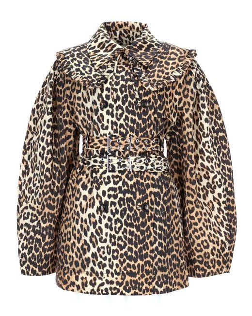 Ganni Multicolor Short Duchesse Trench Coat With Animal Print