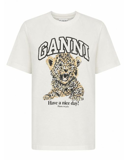 Ganni White T Shirt "Leopard"