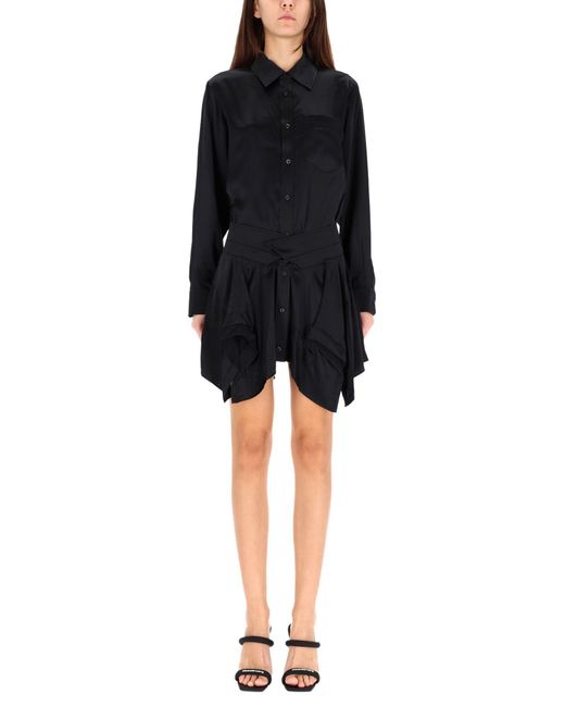 T By Alexander Wang Black Double Silk Chemisier Dress With Asymmetrical Draped Skirt