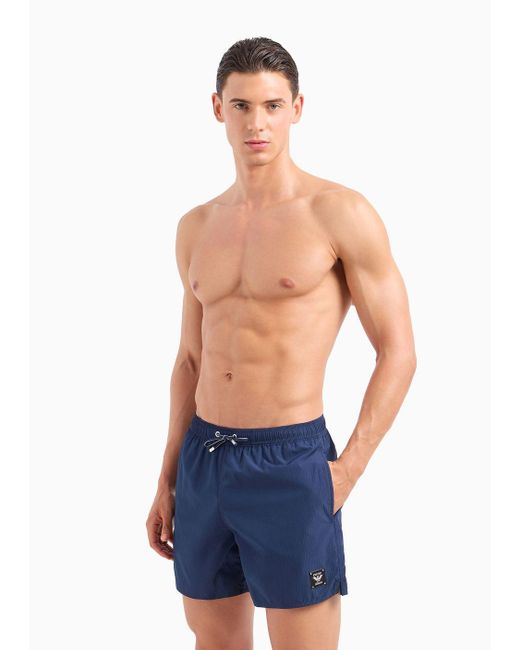 Bañador Modelo Pantalón Corto De Nailon Efecto Sirsaca Con Placa Black Label Asv Emporio Armani de hombre de color Blue