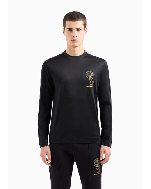 Emporio Armani Blue Armani Sustainability Values Lyocell-blend Jersey Sweater With Dragon Embroidery for men
