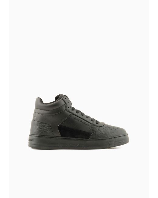 Emporio Armani Black Asv Regenerated Leather High-top Sneakers With Suede Detail for men