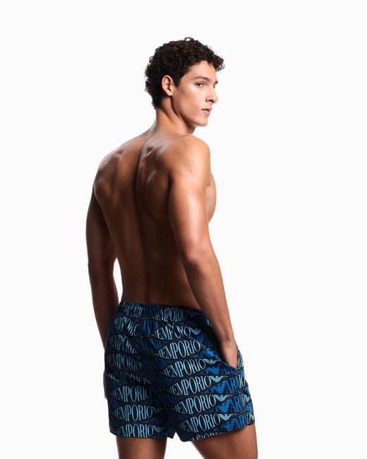 Emporio Armani Blue Swim Shorts With All-Over Logo for men