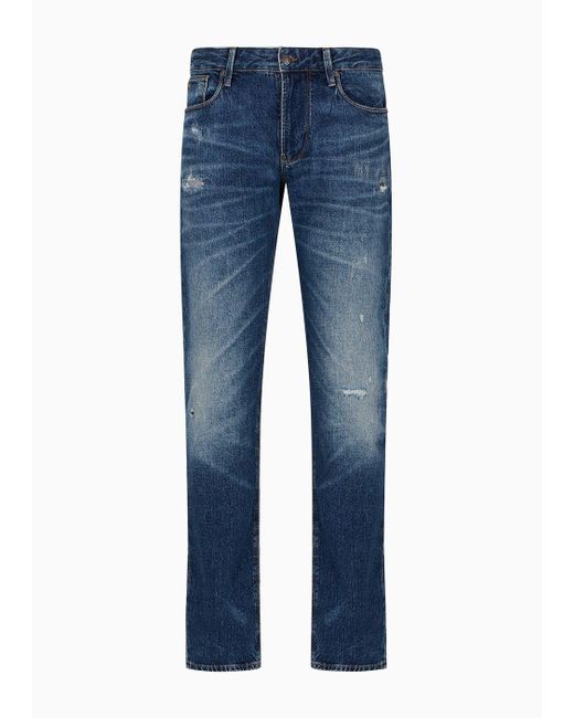 Emporio Armani Blue J06 Slim-fit, Worn-look, Stretch-denim Jeans for men