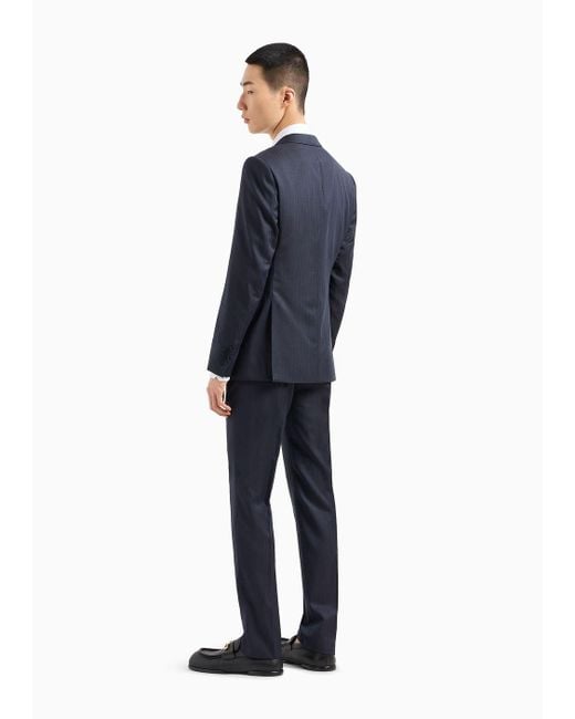 Emporio Armani Blue Single-breasted, Slim-fit Suit In Superfine Wool With A Striped Chevron Motif for men