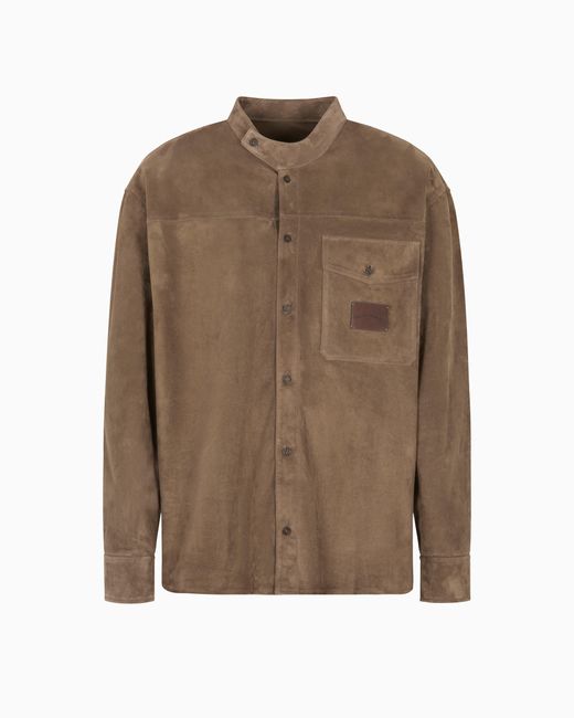 Emporio Armani Hemd-Jacke Aus Ziegen-Veloursleder Mit Grandad-Kragen in Brown für Herren