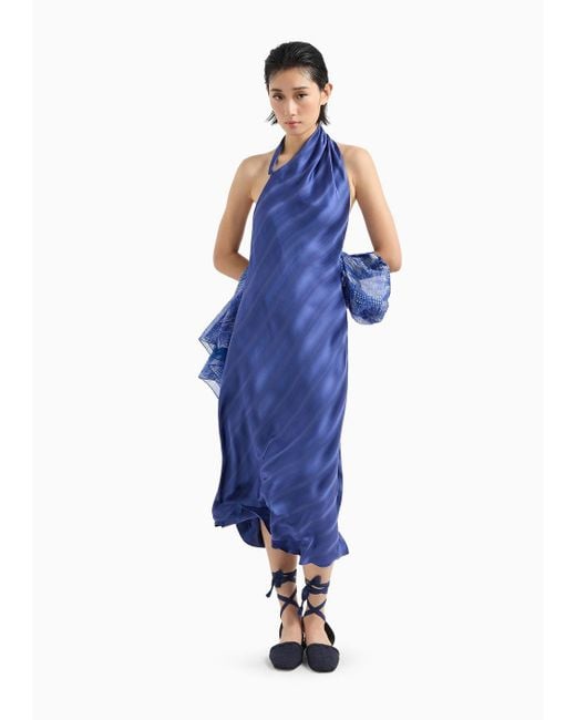 Vestido De Un Solo Hombro En Tejido Jacquard De Viscosa Con Motivo Diagonal Y Efecto Degradado Emporio Armani de color Blue