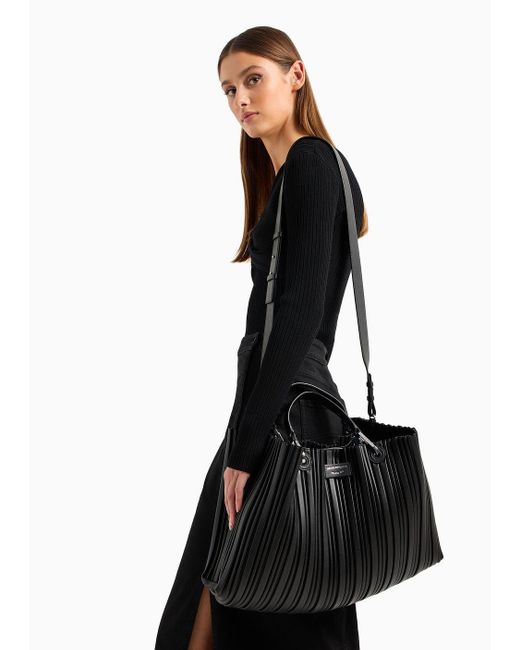 Emporio Armani Black Asv Medium Myea Shopper Bag In Pleated, Recycled Faux Nappa Leather