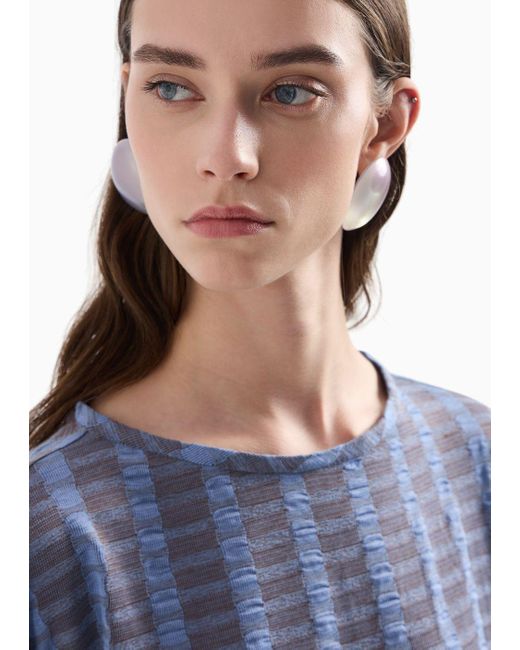 Emporio Armani Blue Boxy Short-sleeved Jumper In Two-tone Viscose Jacquard With Embossed Effect