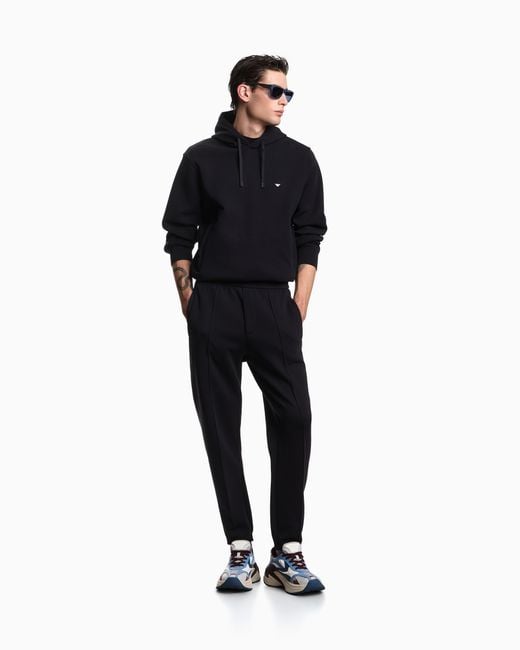 Emporio Armani Blue Double-Jersey Hooded Sweatshirt With Embroidered Micro Eagle Logo for men