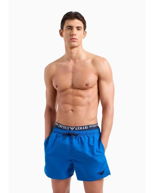 Emporio Armani Blue Asv Recycled-fabric Swim Shorts With Logoband for men