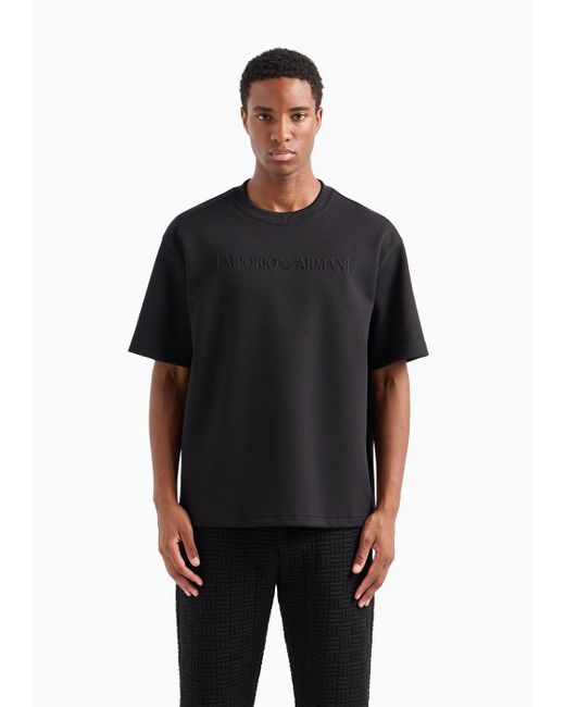 Emporio Armani Black Interlock Piqué T-shirt With Embossed Domed Logo for men