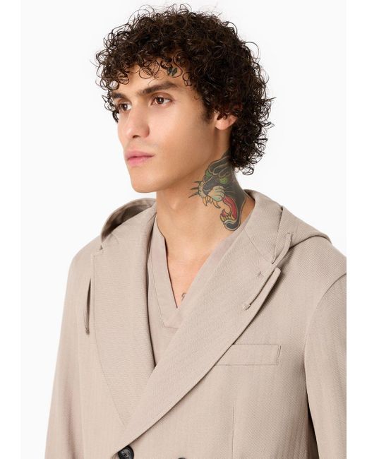 Emporio Armani Natural Double-breasted Jacket With Hood In Jacquard Jersey for men