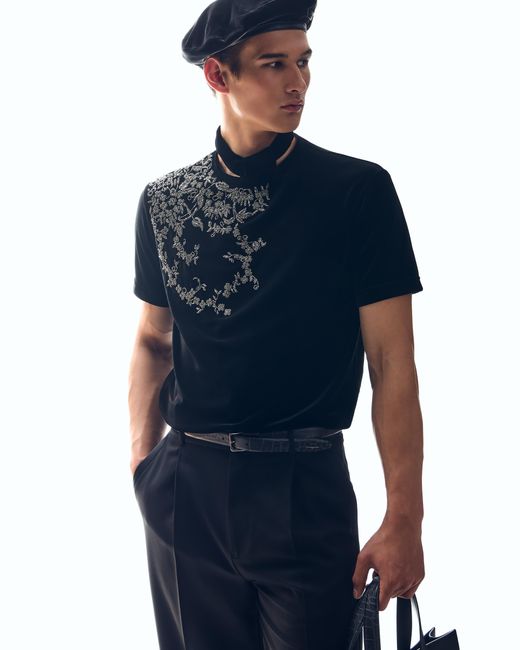 Emporio Armani Black Chenille Jersey T-Shirt With Beaded Embroidery for men