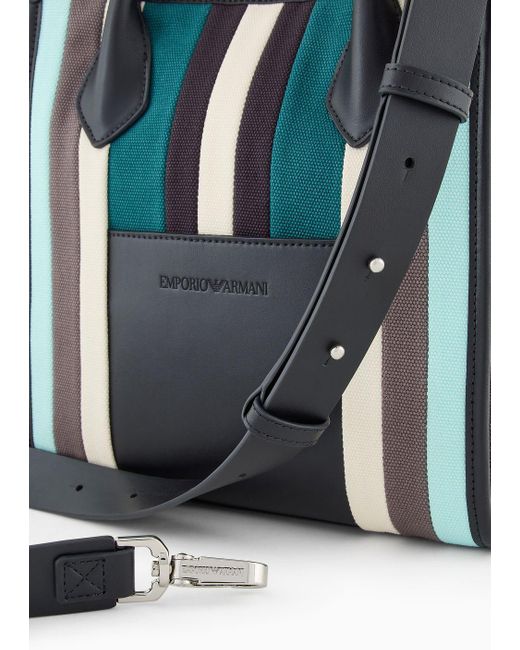 Emporio Armani Blue Mini Shopper Bag In Multicolour Striped Canvas for men