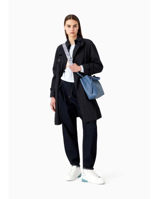 Emporio Armani Blue Double-breasted Trench Coat In Water-repellent Gabardine