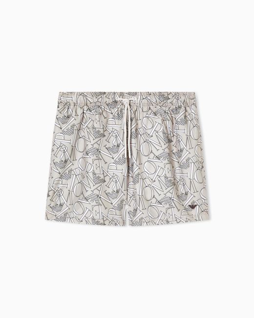 Emporio Armani White Swim Shorts With All-Over Logo for men