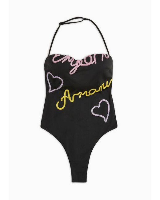 Emporio Armani Black Padded Lycra One-piece Swimsuit With Cornely Logo Embroidery
