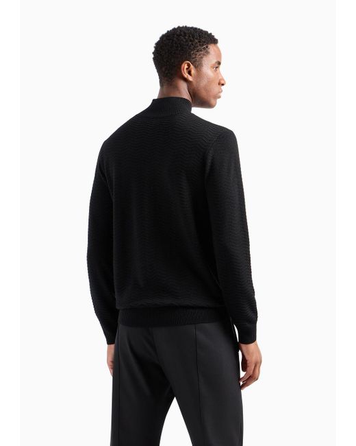 Emporio Armani Black Half-zip, Mock-neck Jumper In A Wool Blend With Chevron Links-stitch Motif for men