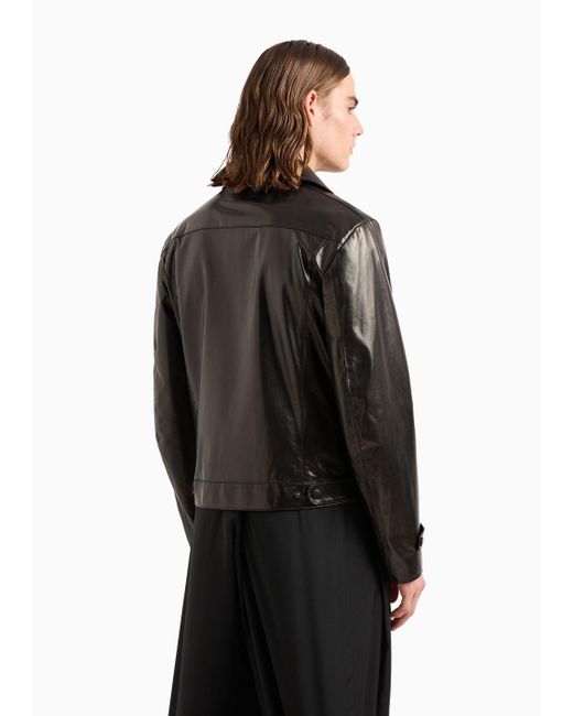 Emporio Armani Black Biker Jacket In Partially Vegetable-tanned Plonge Lamb Nappa Leather for men