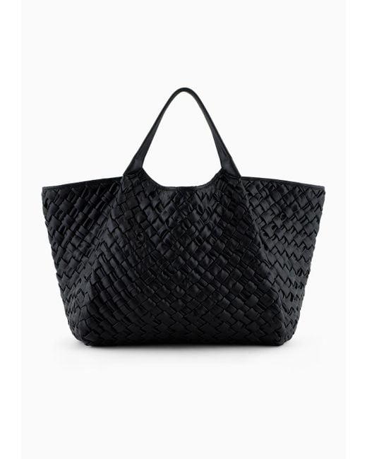 Emporio Armani Black Oversized Nappa Leather-effect Interwoven Shopper Bag With Logo Charm