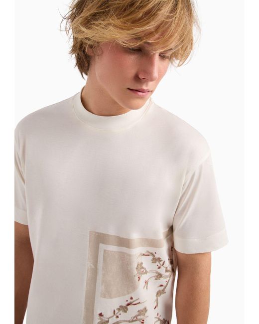 T-shirt Asv En Jersey Mélange Lyocell, Avec Broderie Et Imprimé Oriente Emporio Armani pour homme en coloris White