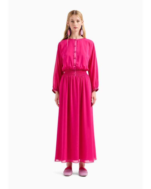 Vestido Largo De Georgette Con Cintura Fruncida Emporio Armani de color Pink