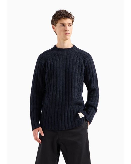 Emporio Armani Blue Asv Capsule Mock-neck Jumper In A Ribbed Recycled Wool Blend for men