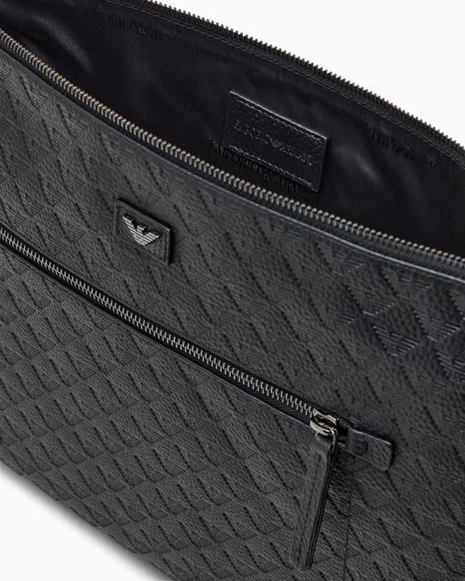 Emporio Armani Black Leather Document Holder With All-Over Embossed Eagle for men