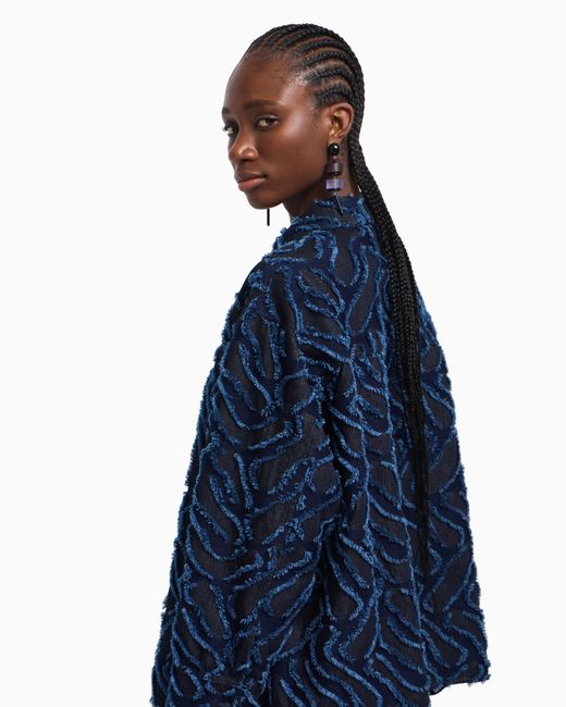 Emporio Armani Blue Fringed Embossed-Motif Jacquard Denim Shirt Jacket