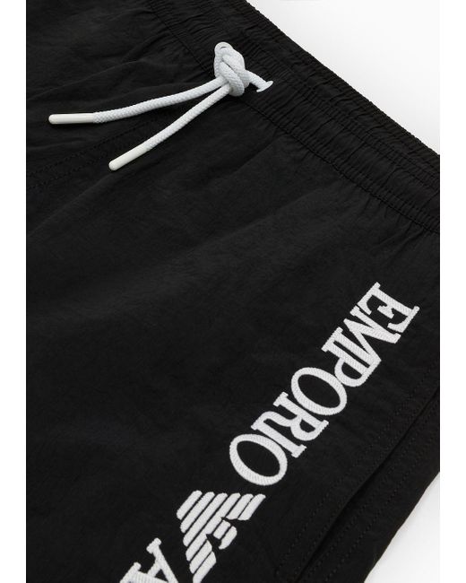 Costume Shorts In Tessuto Crinkle Con Ricamo Logo Laterale di Emporio Armani in Black da Uomo
