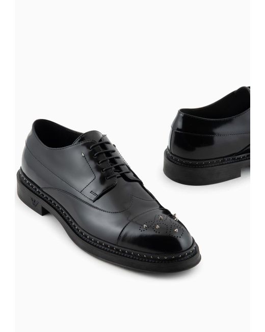 Emporio Armani Black Brushed Leather Derby Shoes With Studs for men