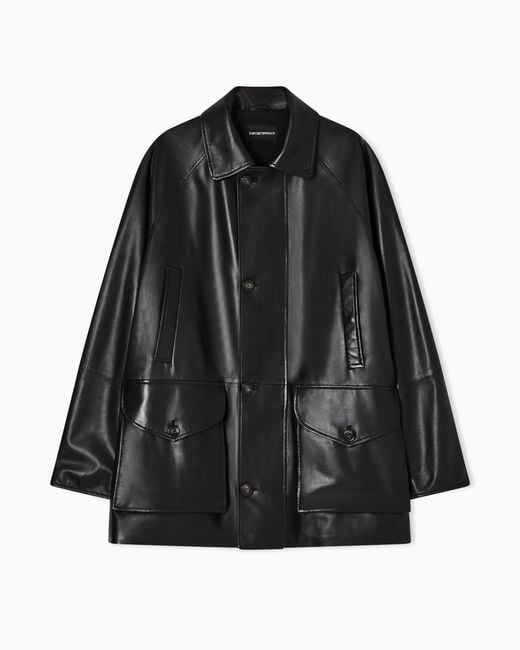 Emporio Armani Black Ultra-Light Lambskin Nappa Leather Pea Coat for men