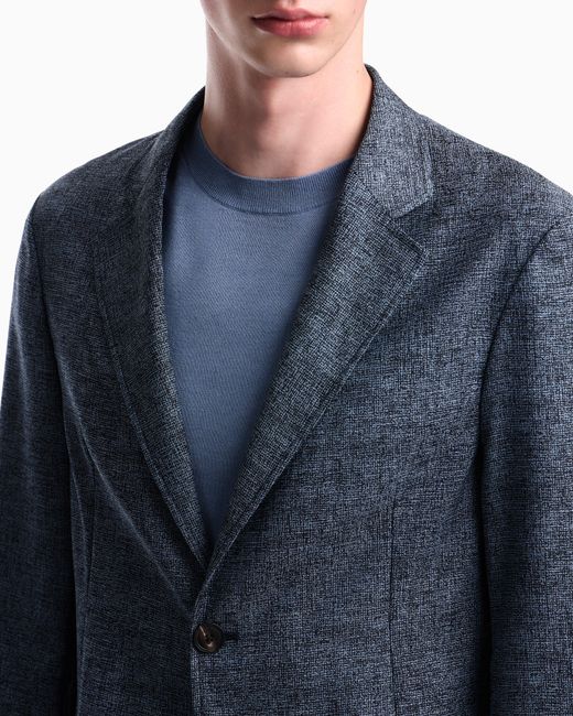Emporio Armani Blue Unlined Tailored Wool Blazer With A Jacquard Micro Design for men