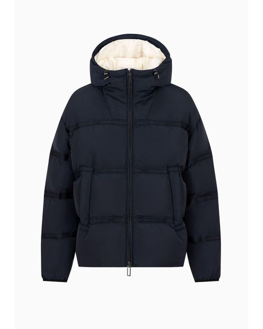 Emporio Armani Blue Water-repellent Hooded Down Jacket In Nylon Otto With Jacquard Logo Tape for men