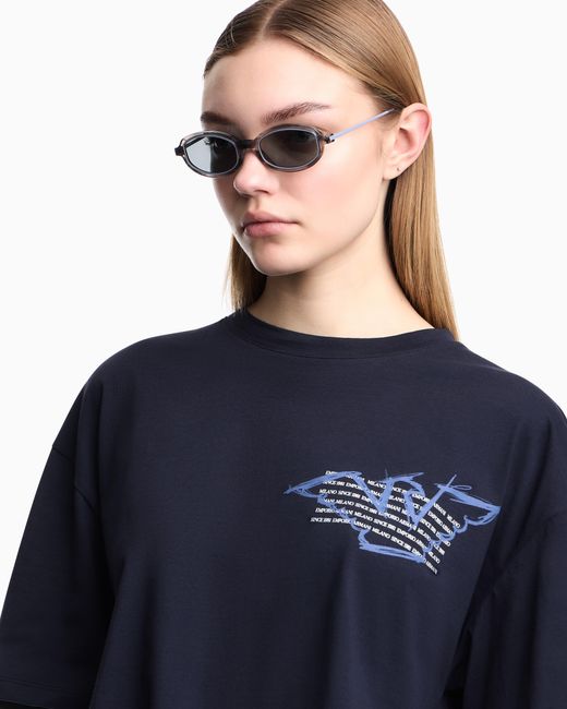 Emporio Armani Blue Cropped Jersey T-Shirt With Eagle Print