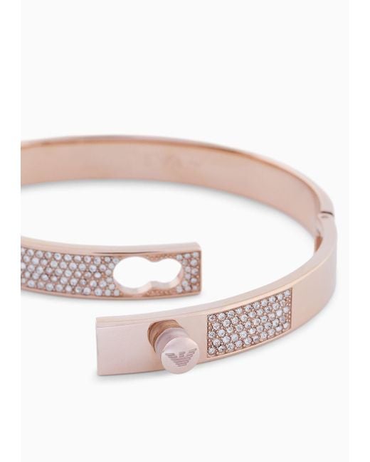 Emporio Armani White Rose Gold-tone Stainless Steel With Crystals Setted Bangle Bracelet